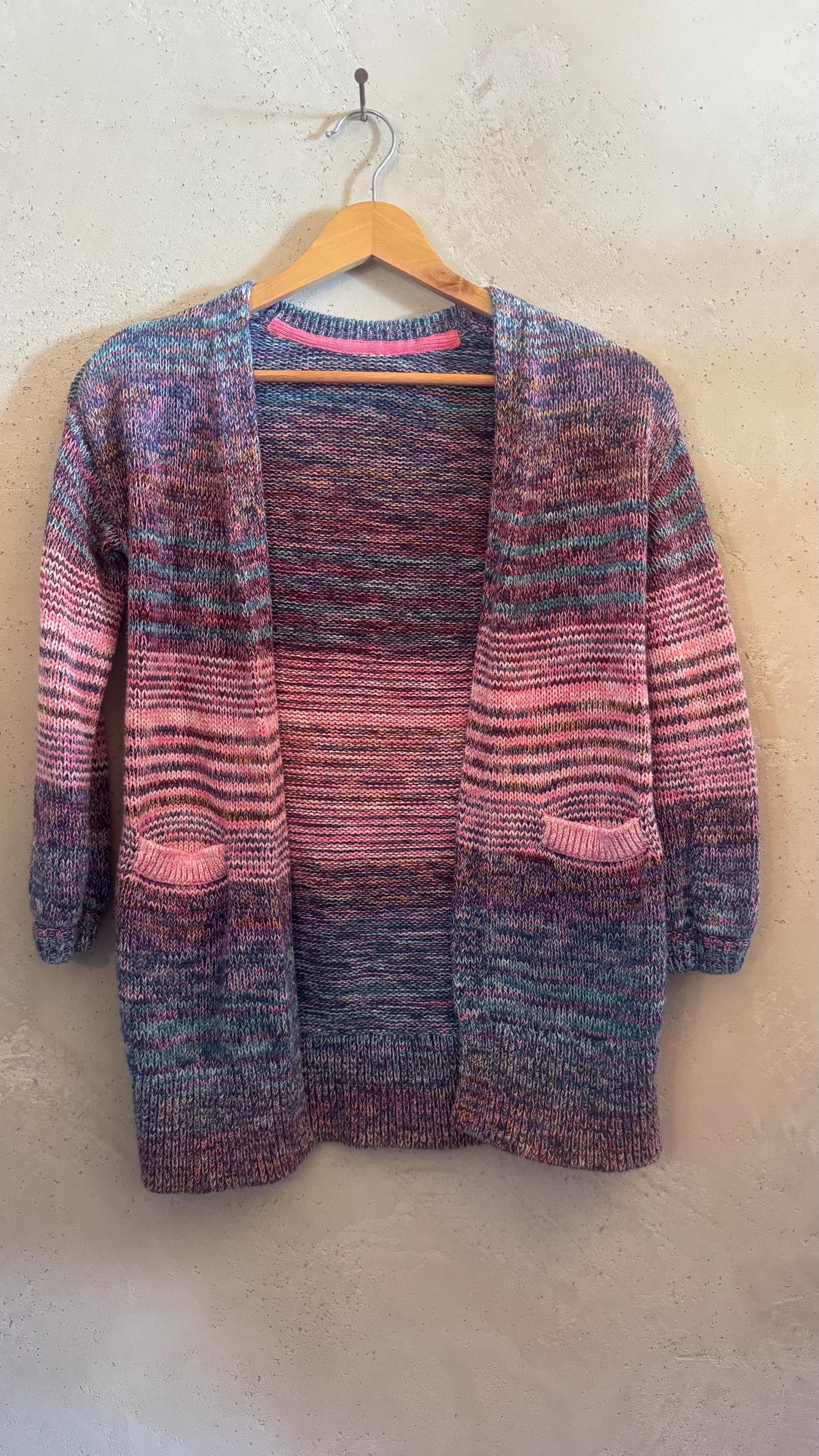 Handknit youth rainbow ombré colored cardigan, long sweater, cotton blend, size 8/10, vintage, 1990's girls sweater, kids boho, hippie, folk