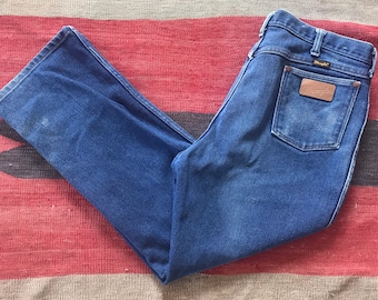 Vintage wrangler denim, wrangler jeans, cowboy jeans, western wear, made in USA, vintage denim, vintage jeans, modern 37", poly cotton blend