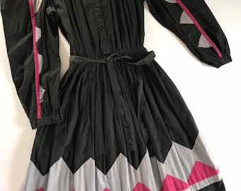 1960’s, 1970’s, Made in India for Shopping International geometric prairie dress, small, Indian cotton dress, pioneer, vintage pioneer dress