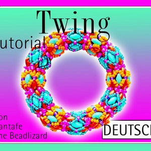 Könnte beinhalten: Ein farbiges Perlenarmband-Tutorial auf Deutsch, betitelt "Twining" von Santafe The Beadlizard.