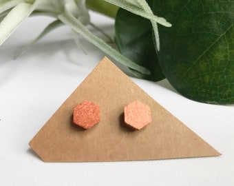 Ear studs wood hexagon copper