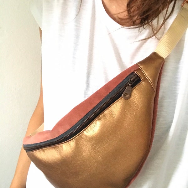 Hipbag, Velour, Kunstleder, Bauchtasche, Gürteltasche, Crossbody Bag, Waistbag, Hipbag, altrosa, Taupe, beige, gold, Kupfer, rosé,Champagner