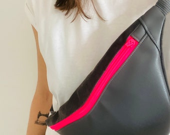 Hip bag grey, neon pink, pink, neon, velor, faux leather, fanny pack, belt bag, crossbody bag, waist bag, bum bag, leo