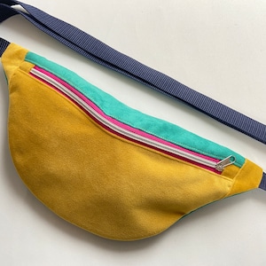 Hipbag mustard yellow turquoise pink, 90is, velour, bum bag, belt bag, crossbody bag, waistbag,