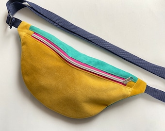 Hipbag mustard yellow turquoise pink, 90is, velour, bum bag, belt bag, crossbody bag, waistbag,