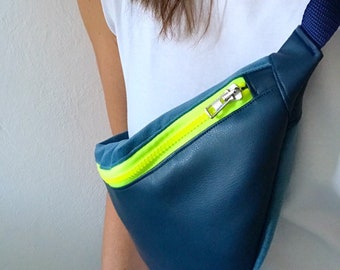 Hipbag blue, neon yellow, neon, velour, faux leather, bum bag, belt bag, crossbody bag, waistbag, hipbag, bumbag