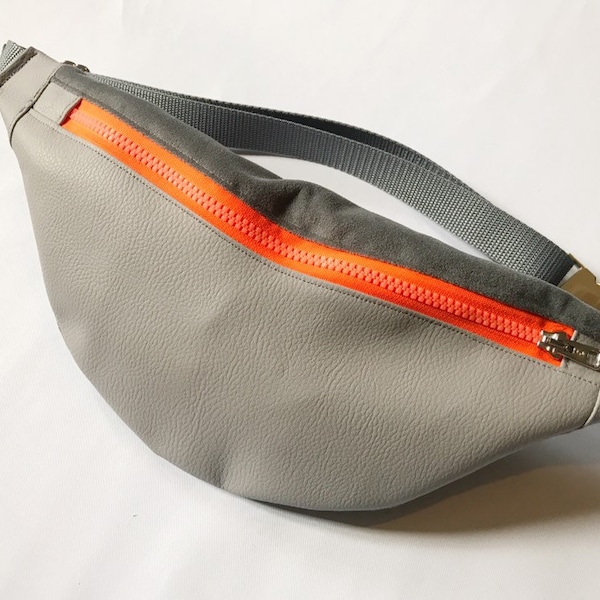 Hipbag grau, neonorange, neon, Velour, Kunstleder, Bauchtasche, Gürteltasche, Crossbody Bag, Waistbag, Hipbag