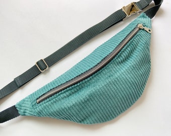 Hipbag Cord, Bauchtasche, Gürteltasche, Crossbody Bag, türkis, helltürkis, silber, grau, Feincord, Breitcord, Mircrofaser