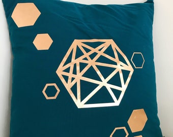 Cushion cover 40 x 40 cm, geometric petrol, gold, hexagon cushion cover I cushion