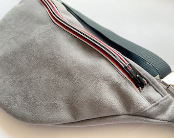 Hipbag gray / red velor, belly bag, belt bag, crossbody bag, waistbag, bumbag