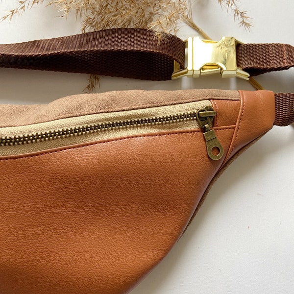 Hip bag brown, cognac, light brown, gold, velor, imitation leather, belly bag, belt bag, crossbody bag, waist bag, hip bag