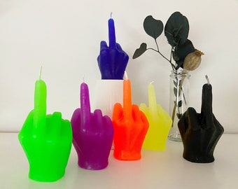 kleine Mittelfingerkerze | Mittelfinger | F*CK | Middlefingercandle | Neon | Neongelb | bunt | Kerze | orange | schwarz | grün | lila