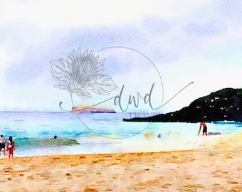 Watercolor Makena Beach and Molokini Maui Art Digital Photo