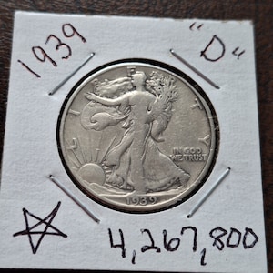 1939 d, walking liberty silver half dollar, low mintage