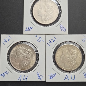 1921, 1921 D, 1921 S, AU Silver Morgan Dollars, VERY NICE!