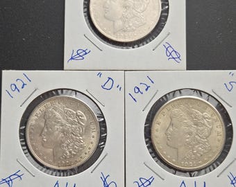1921 AU Silver Morgan Dollar, D or S Mint Mark