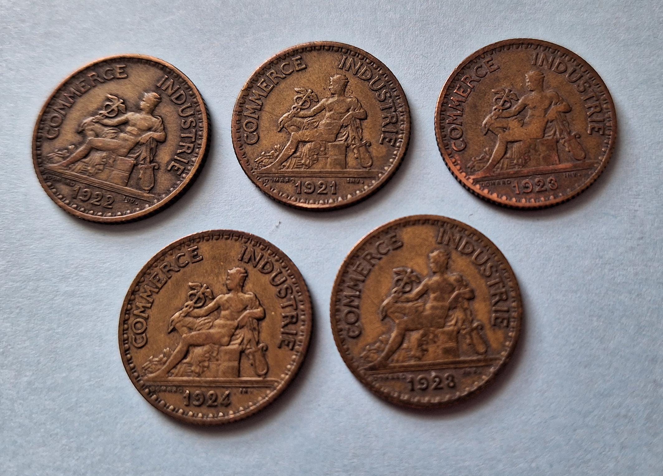 Group of 5 Old Foreign Coin From the 1920s. 1 Franc Coins