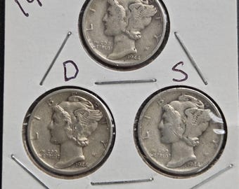1944 P, D AND S, low mintage Mercury Dimes