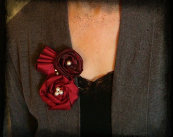 Elegant Scrappy Dupioni Silk Red Rose Pearl Pin or Fascinator