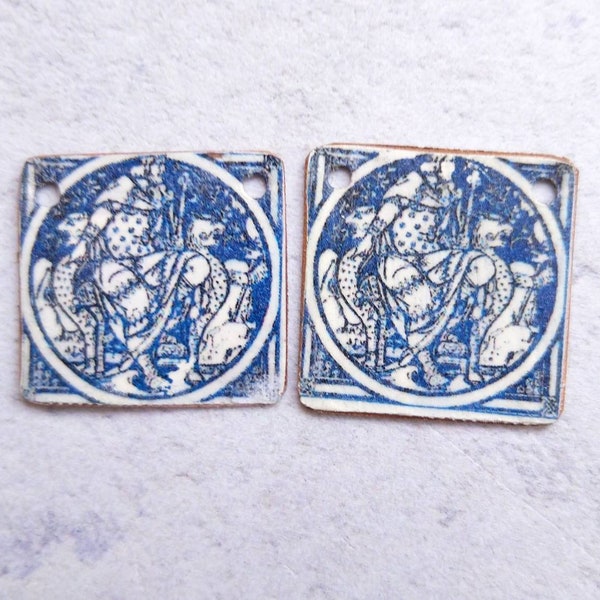 Faux Tin Delft Beads,Blue White Copper Charm Square Copper Components ,Handmade,Artisan Faux tin Earrings Charm,Delft Copper Faux Tin Beads