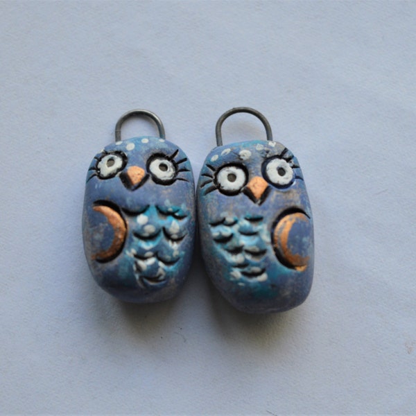 Whimsical Ceramic Owl Earring Charms,Owl Beads,Ceramic Owls,Critters,Animal Beads, Handmade Ceramic Beads