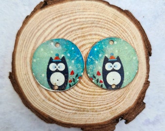 Christmas Winter Owls faux tin copper beads,Winter Faux tin copper artisan beads, Artisan beads, Animal beads,charms, Owls faux tin charms