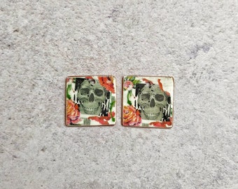 Skull Faux Tin Charms, Skulls with Flowers Copper Faux Tin Charms,Art Faux tin Charm, Copper Faux Tin,Skulls Copper Charms, Halloween