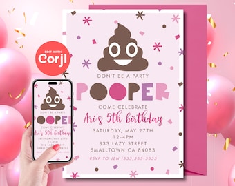 Invitación de cumpleaños con emoji de caca: Invitación editable (descarga digital)