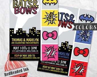 Bats & Bows Boy/Girl Birthday Party Invitation