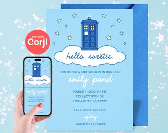 Invitación para baby shower de Tardis en las nubes: descarga instantánea editable. Edita con Corjl.