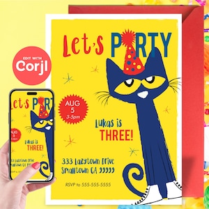Invitation de fête d'anniversaire de chat de fête de chaussures blanches - téléchargement instantané modifiable, modifiez vous-même avec Corjl