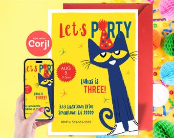 Weiße Schuhe Party Cat Geburtstagsfeiereinladung - bearbeitbarer Sofort-Download, bearbeiten Sie sich mit Corjl