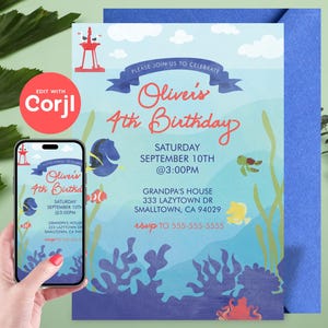 May include: A blue and white invitation with a cartoon sea turtle, fish, and coral reef. The invitation is for Oliver's 4th birthday party. The text on the invitation reads: "Please join us to celebrate Oliver's 4th Birthday. Saturday, September 10th at 3:00 PM. Grandpa's House, 333 Lazytown Dr, Smalltown, CA 94029. RSVP to 555-555-5555."