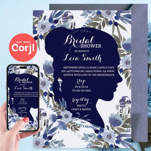 Leia & R2D2 Floral Bridal Shower Invitation - Editable Instant Download, Edit yourself with Corjl