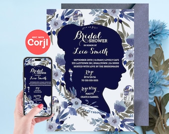 Invitación floral para despedida de soltera de Leia y R2D2: descarga instantánea editable. Edita con Corjl.