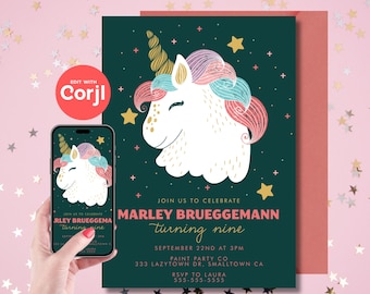 Bonita invitación de cumpleaños de unicornio: descarga instantánea editable. Edita tú mismo con Corjl.