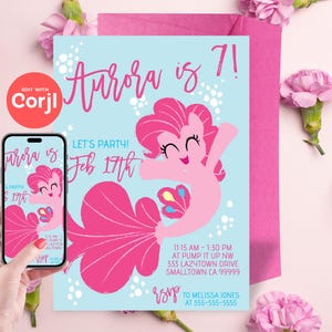 Sea Pony Pinkie Pie - zaproszenie urodzinowe kucyka syreny - edytowalne natychmiastowe pobranie, edytuj samodzielnie za pomocą Corjl