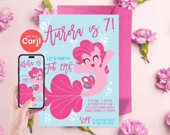 Invito di compleanno a tema sirena e pony: Pinkie Pie, modificabile (download digitale)