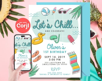 Invitación para fiesta de cumpleaños "Let's Chill Pool Party": descarga instantánea editable. Edite con Corjl.