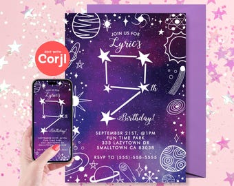 Invito alla festa di compleanno Galaxy - Download istantaneo modificabile, modificalo tu stesso con Corjl