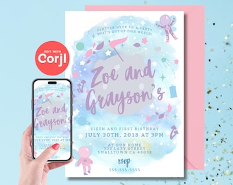 Invitación de cumpleaños de Hadas Espaciales - Descarga instantánea editable, edita tú mismo con Corjl