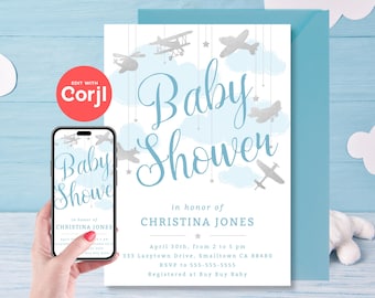 Invitación para baby shower de aviones y estrellas: descarga instantánea editable. Edita con Corjl.