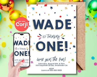 Invitación moderna y colorida para el primer cumpleaños: descarga instantánea editable. Edita con Corjl.