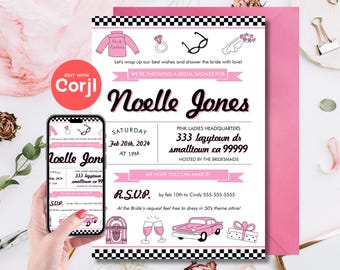 50er Jahre Thema rosa Damen Brautdusche Einladung (editierbar Instant Download)
