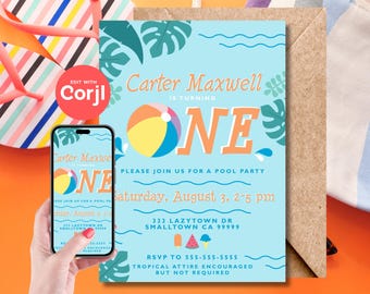 Invitación para fiesta de cumpleaños de verano con pelota de playa: descarga instantánea editable, edítela usted mismo con Corjl
