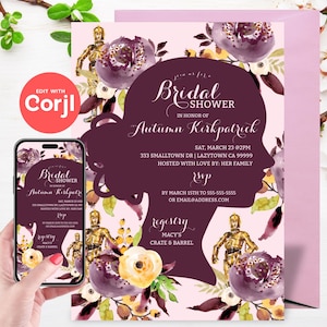 Padme Amidala & C3PO Floral Bridal Shower Invitation  - Editable Instant Download, Edit yourself with Corjl