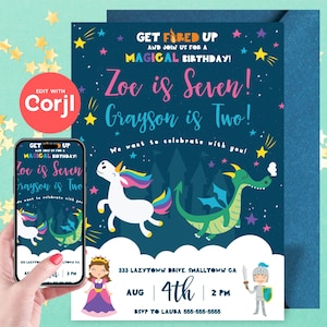Dragon Unicorn Birthday Invitation - Editable Instant Download, Edit yourself with Corjl
