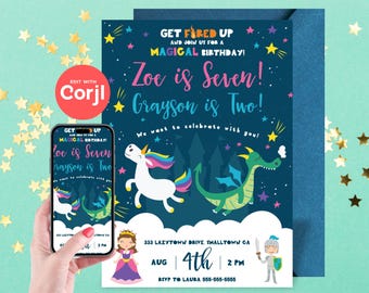 Invitación de cumpleaños de unicornio dragón - Descarga instantánea editable, edítala tú mismo con Corjl