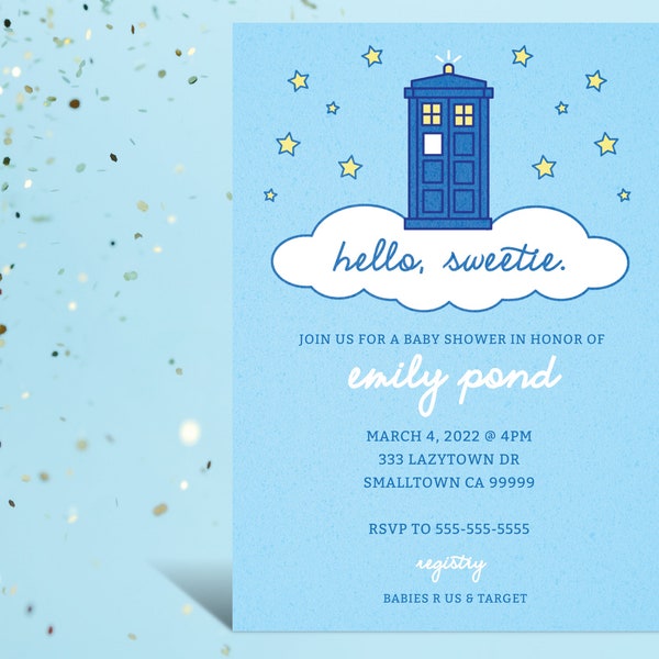 Tardis in the Clouds Baby Shower Invitation
