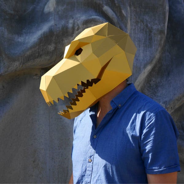 Máscara de dinosaurio T-Rex, plantilla de máscara de papercraft 3D, máscara de papel de baja poli, disfraz de Halloween único, patrón PDF